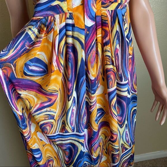 Line & Dot Silk Maxi Dress Orange Blue Purple Swirl Pattern Size Small - Picture 3 of 12